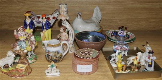A Staffordshire pottery cow creamer, hen egg basket etc. and other items